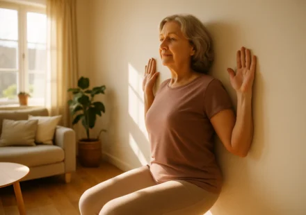 Senior woman performing a standing wall pilates exercise using a wall for support