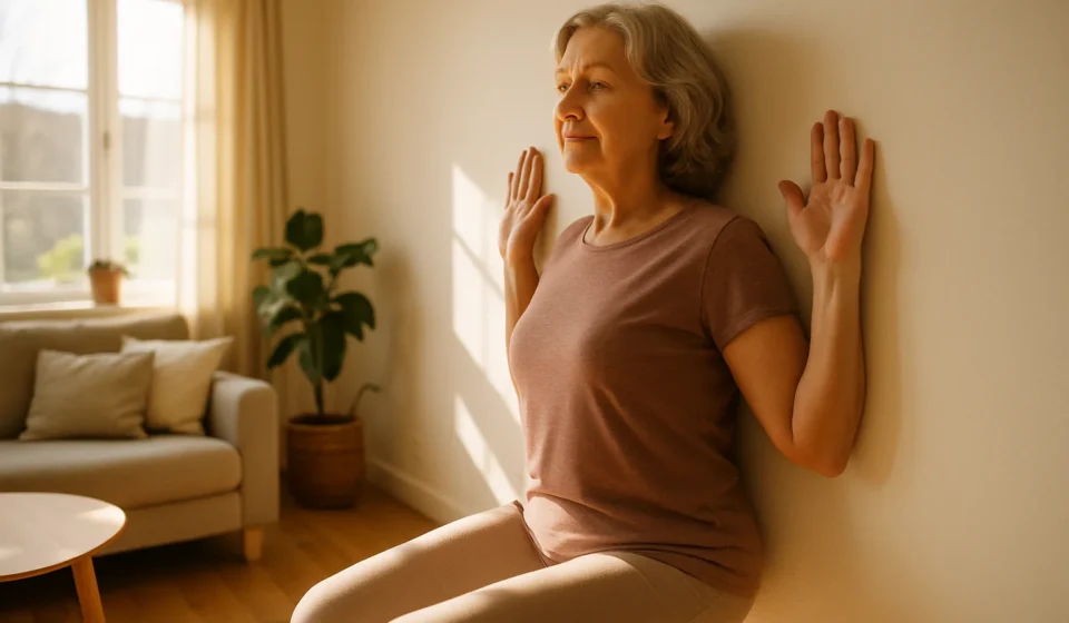 Wall Pilates for Seniors 2026: Safe Core & Balance Moves Senior woman performing a standing wall pilates exercise using a wall for support