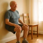 Senior performing a wall sit exercise against a wall at home