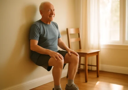 Senior performing a wall sit exercise against a wall at home
