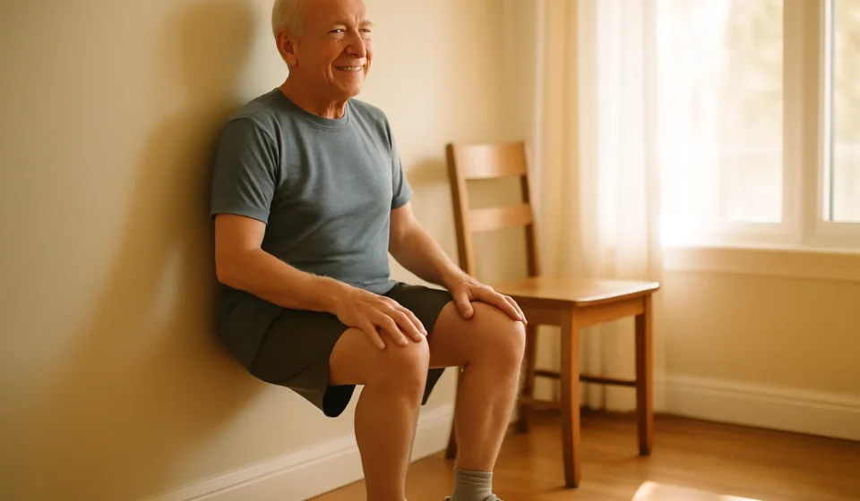Wall Sit for Seniors 2026: Lower Blood Pressure Senior performing a wall sit exercise against a wall at home