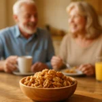 Bowl of walnut halves with a senior couple at breakfast, walnuts for seniors