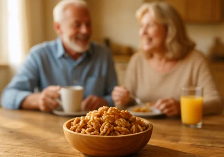 Bowl of walnut halves with a senior couple at breakfast, walnuts for seniors