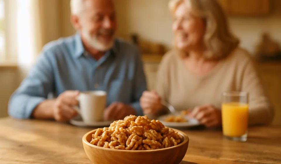 Bowl of walnut halves with a senior couple at breakfast, walnuts for seniors