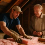 Technician installing attic insulation in a senior homeowner's house through weatherization program