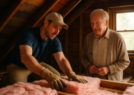 Technician installing attic insulation in a senior homeowner's house through weatherization program