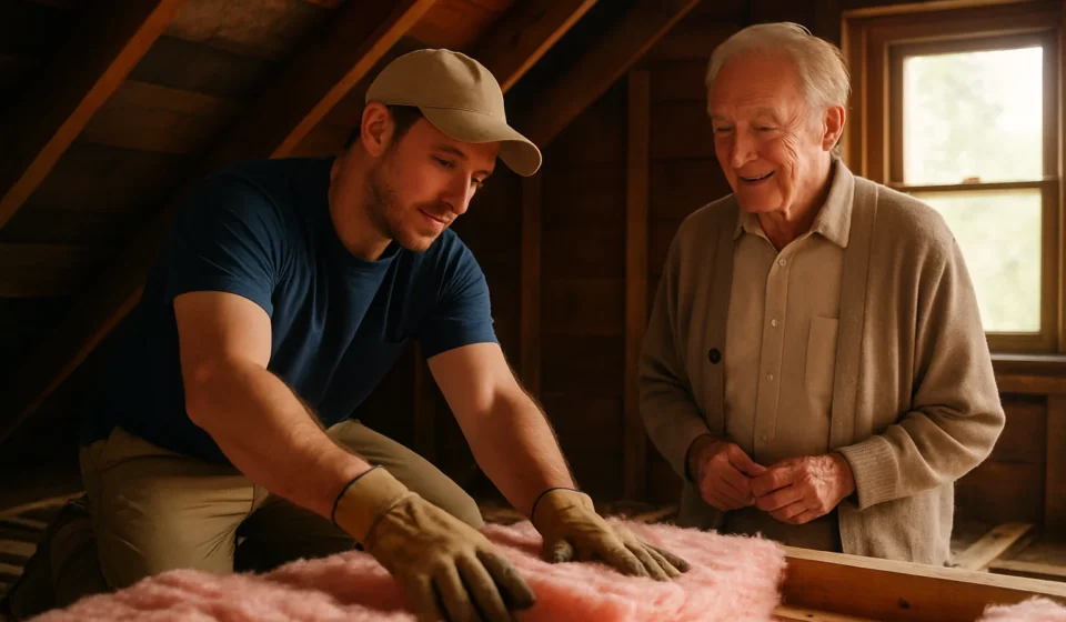 Technician installing attic insulation in a senior homeowner's house through weatherization program