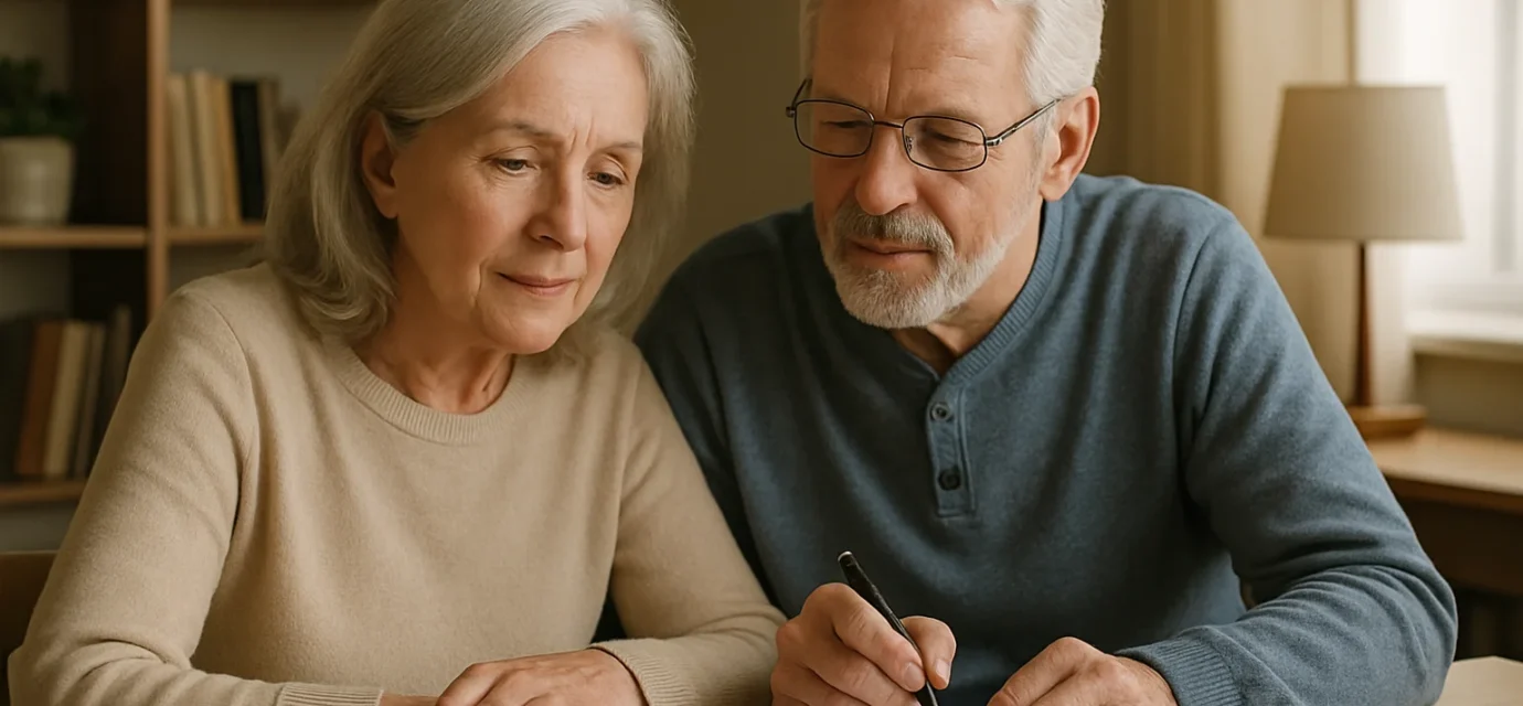 Senior couple completing advance directive paperwork together