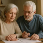 Senior couple completing advance directive paperwork together