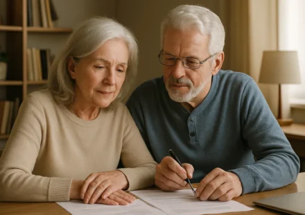 Senior couple completing advance directive paperwork together