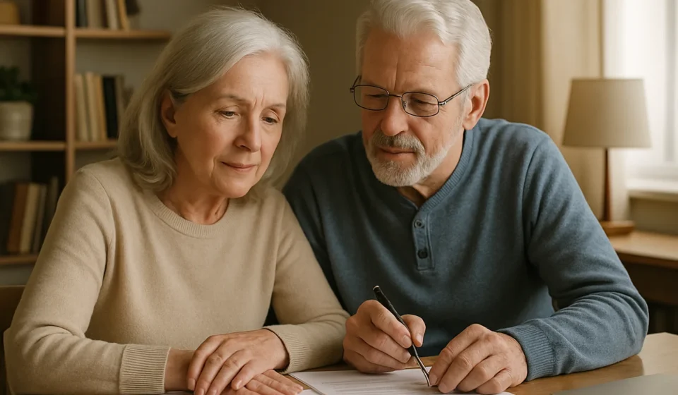 Senior couple completing advance directive paperwork together