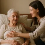 Caregiver gently helping reposition an elderly person in bed to prevent bedsores