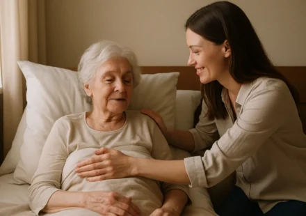 Caregiver gently helping reposition an elderly person in bed to prevent bedsores