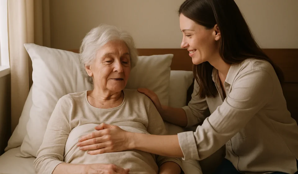 Caregiver gently helping reposition an elderly person in bed to prevent bedsores