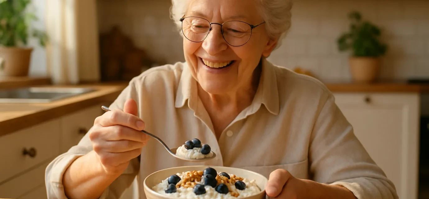 Bowl of cottage cheese with berries on a breakfast table for senior nutrition