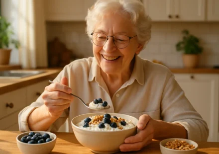 Bowl of cottage cheese with berries on a breakfast table for senior nutrition