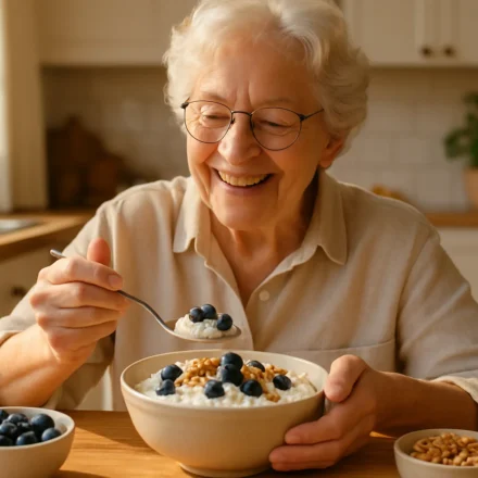 Bowl of cottage cheese with berries on a breakfast table for senior nutrition