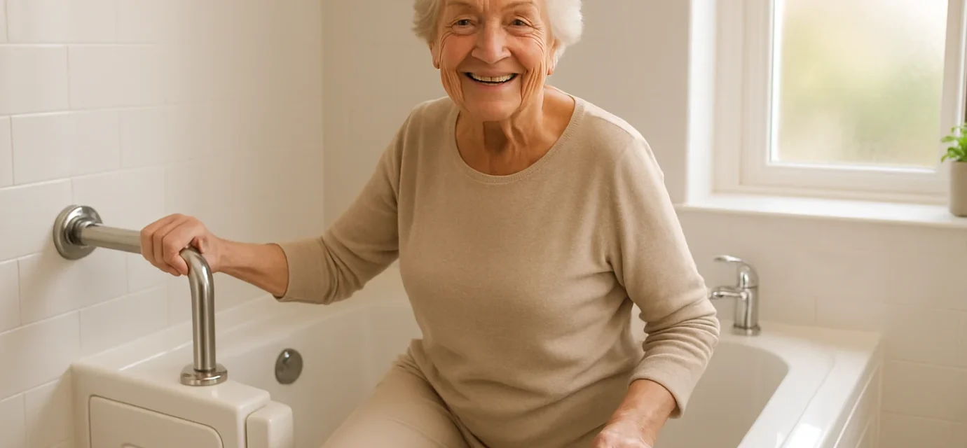 Senior woman safely entering a walk-in tub with grab bars in a bright bathroom