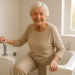Senior woman safely entering a walk-in tub with grab bars in a bright bathroom