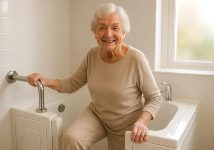 Senior woman safely entering a walk-in tub with grab bars in a bright bathroom