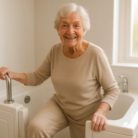 Senior woman safely entering a walk-in tub with grab bars in a bright bathroom
