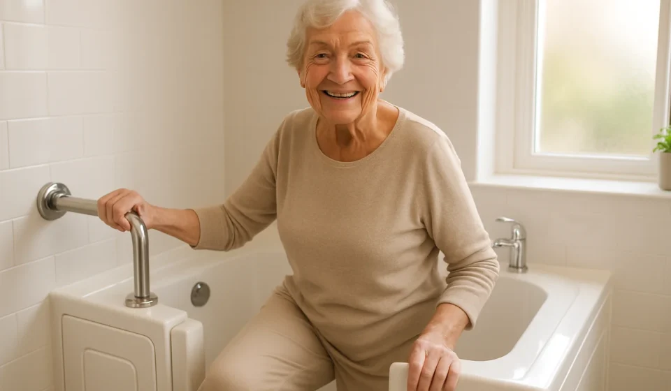 Does Medicare Cover Walk-In Tubs in 2026? The Real Answer Senior woman safely entering a walk-in tub with grab bars in a bright bathroom