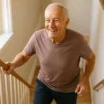 Senior man briskly climbing stairs as an exercise snack