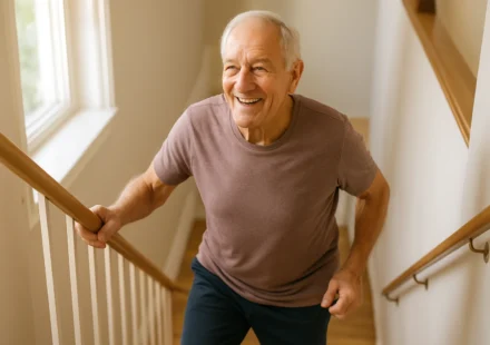 Senior man briskly climbing stairs as an exercise snack