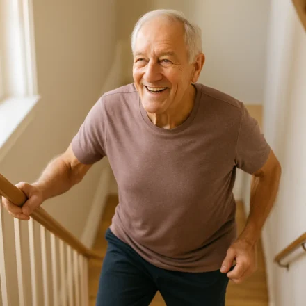 Senior man briskly climbing stairs as an exercise snack