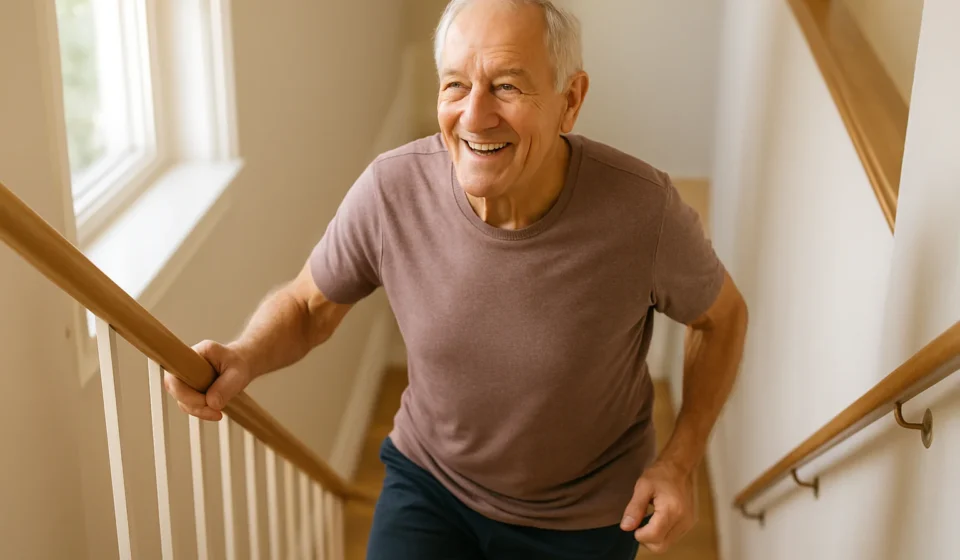 Exercise Snacks for Seniors 2026: 4 Minutes to Longevity Senior man briskly climbing stairs as an exercise snack