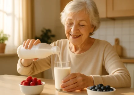 Senior woman pouring kefir for gut and bone health