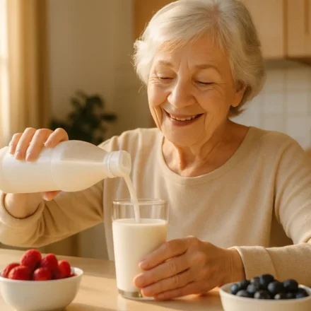 Senior woman pouring kefir for gut and bone health