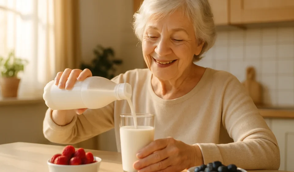 Senior woman pouring kefir for gut and bone health