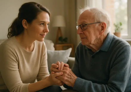 Adult daughter supporting elderly father with Lewy body dementia