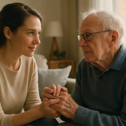 Adult daughter supporting elderly father with Lewy body dementia