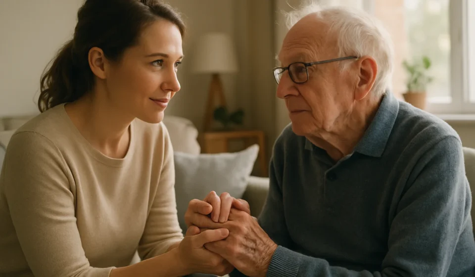 Adult daughter supporting elderly father with Lewy body dementia