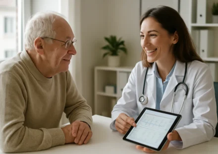 Senior man discussing a second opinion with his doctor in a clinic office