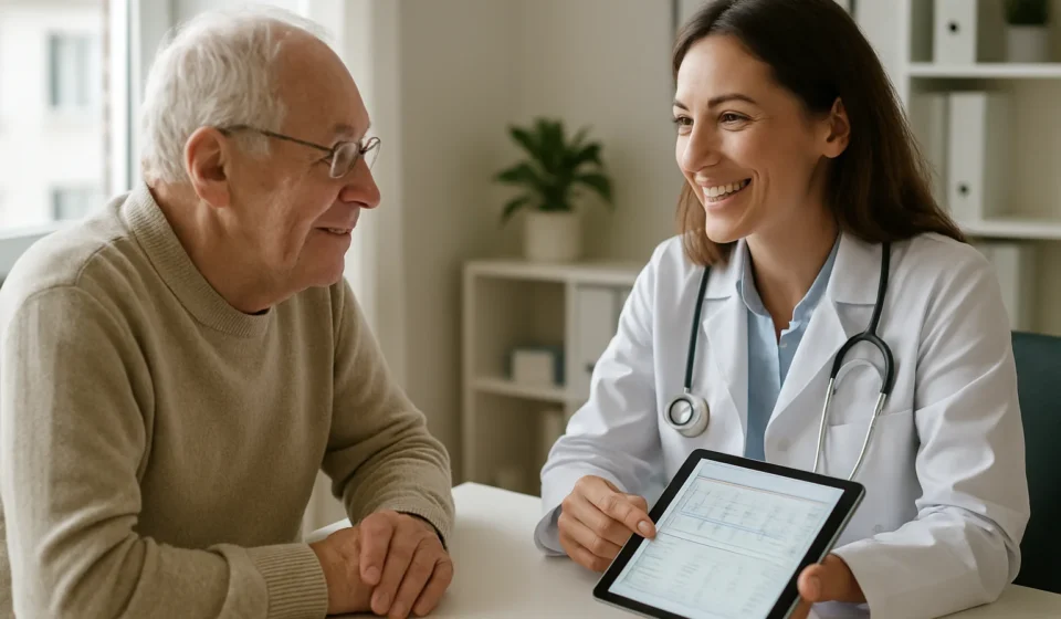Senior man discussing a second opinion with his doctor in a clinic office