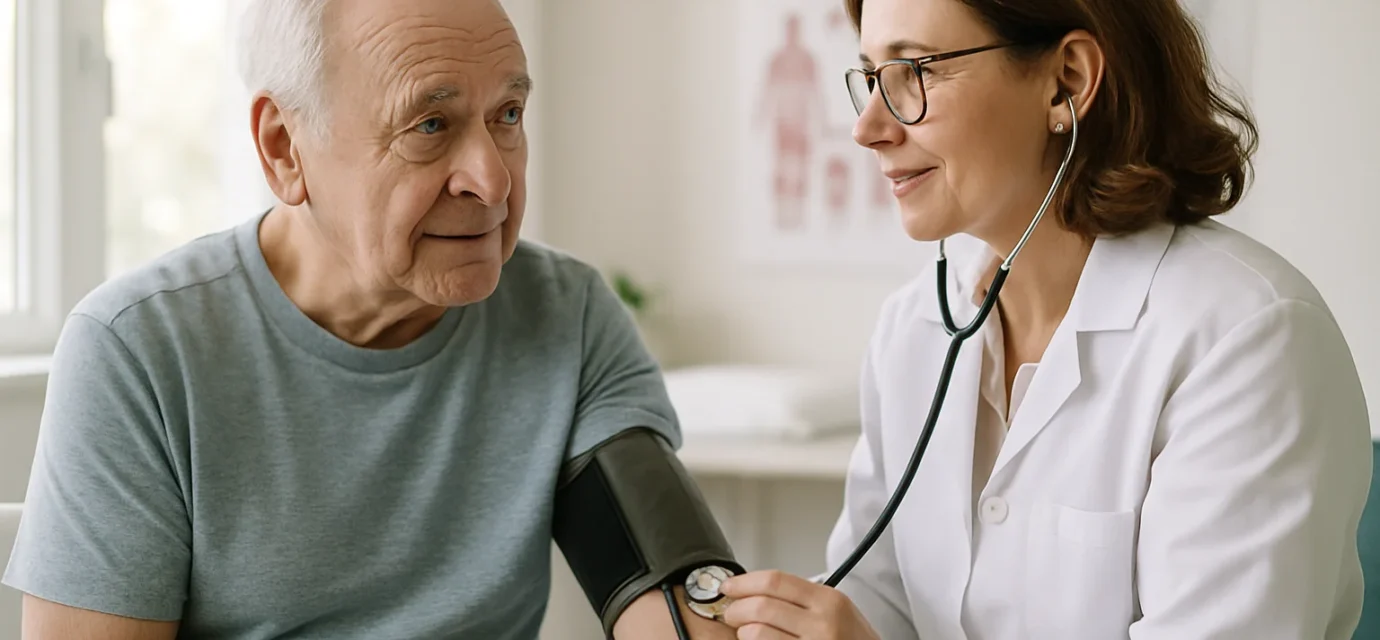 Senior man being checked by a doctor after mini-stroke TIA warning signs