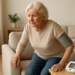 Senior woman steadying herself while rising from a chair at home, checking blood pressure