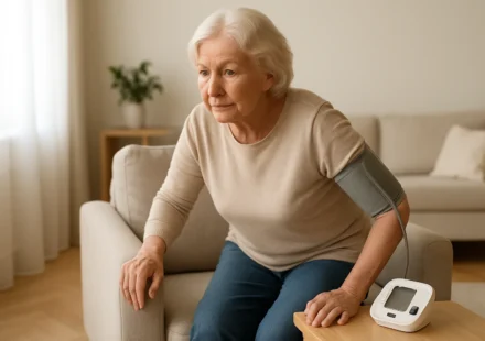 Senior woman steadying herself while rising from a chair at home, checking blood pressure