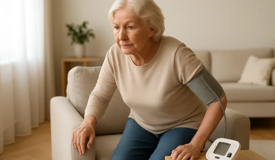 Orthostatic Hypotension in Seniors 2026: Dizzy on Standing Senior woman steadying herself while rising from a chair at home, checking blood pressure