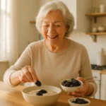 Bowl of prunes with oatmeal breakfast on a senior coupleu2019s kitchen table