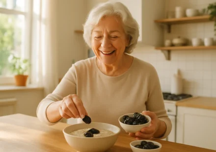 Bowl of prunes with oatmeal breakfast on a senior coupleu2019s kitchen table