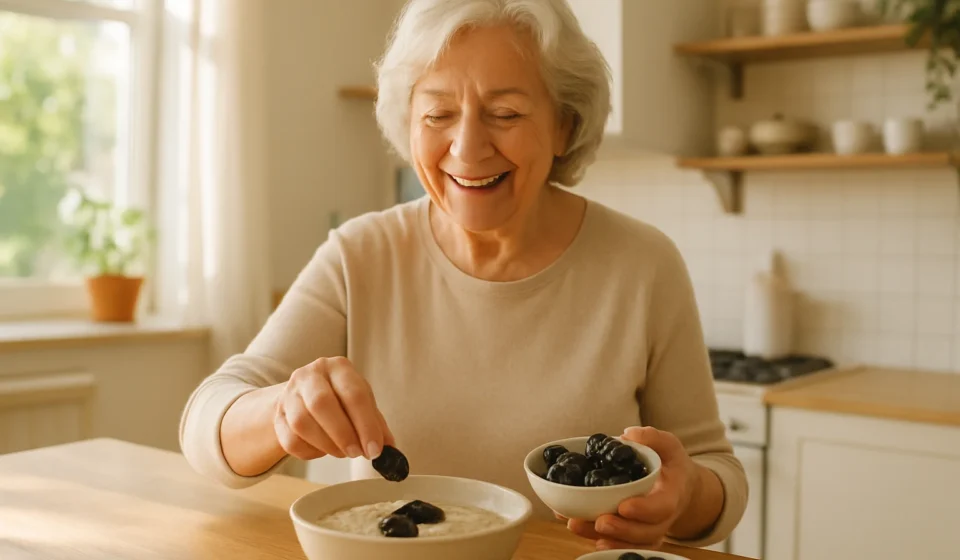 Bowl of prunes with oatmeal breakfast on a senior coupleu2019s kitchen table