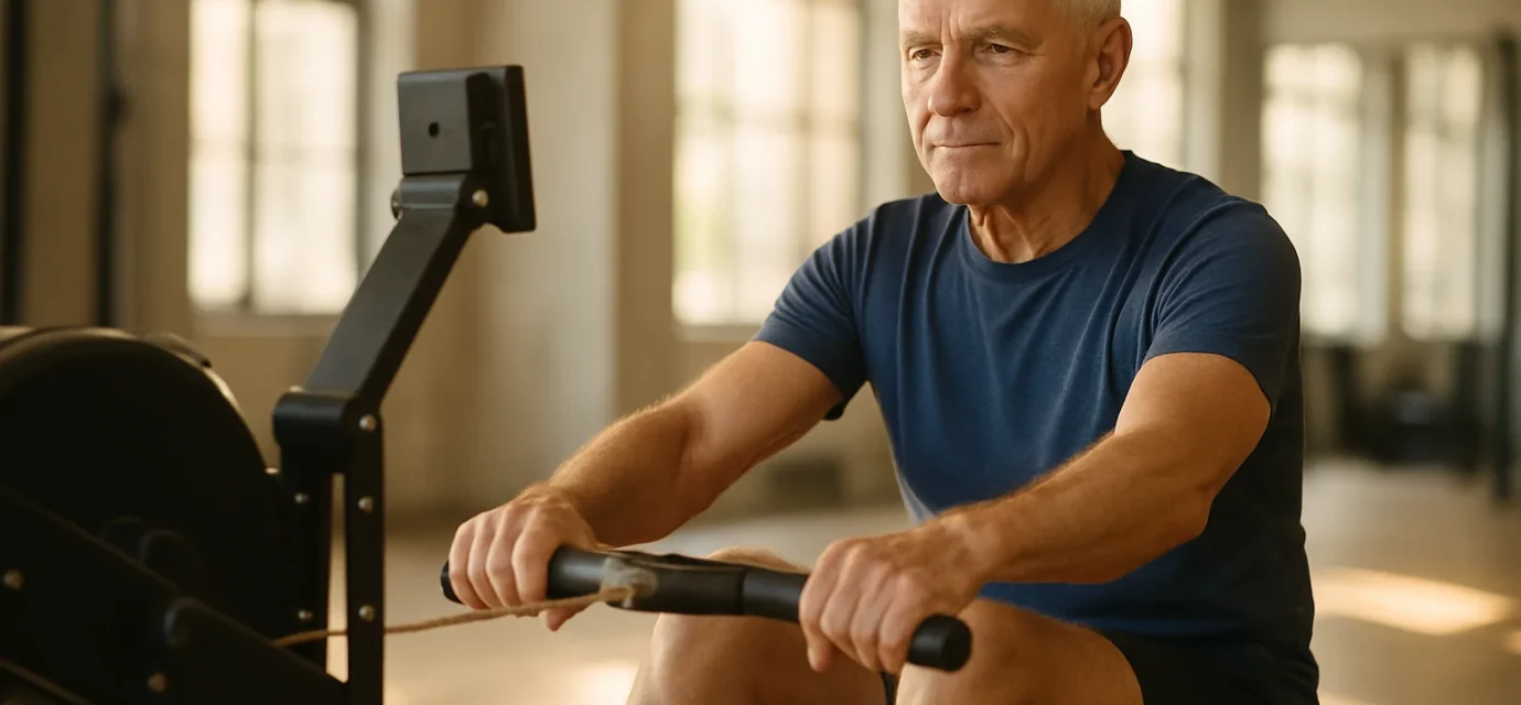 Senior man using a rowing machine with proper form at a fitness center