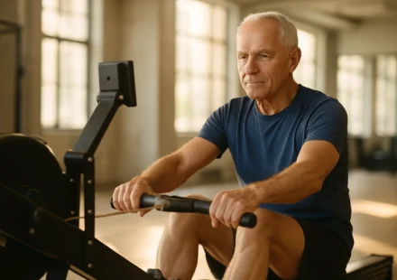 Senior man using a rowing machine with proper form at a fitness center
