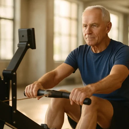 Senior man using a rowing machine with proper form at a fitness center