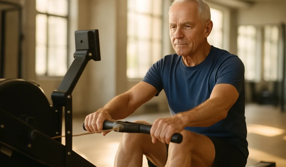 Senior man using a rowing machine with proper form at a fitness center