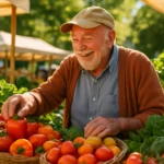 Happy senior shopping for fresh vegetables at an outdoor farmers market